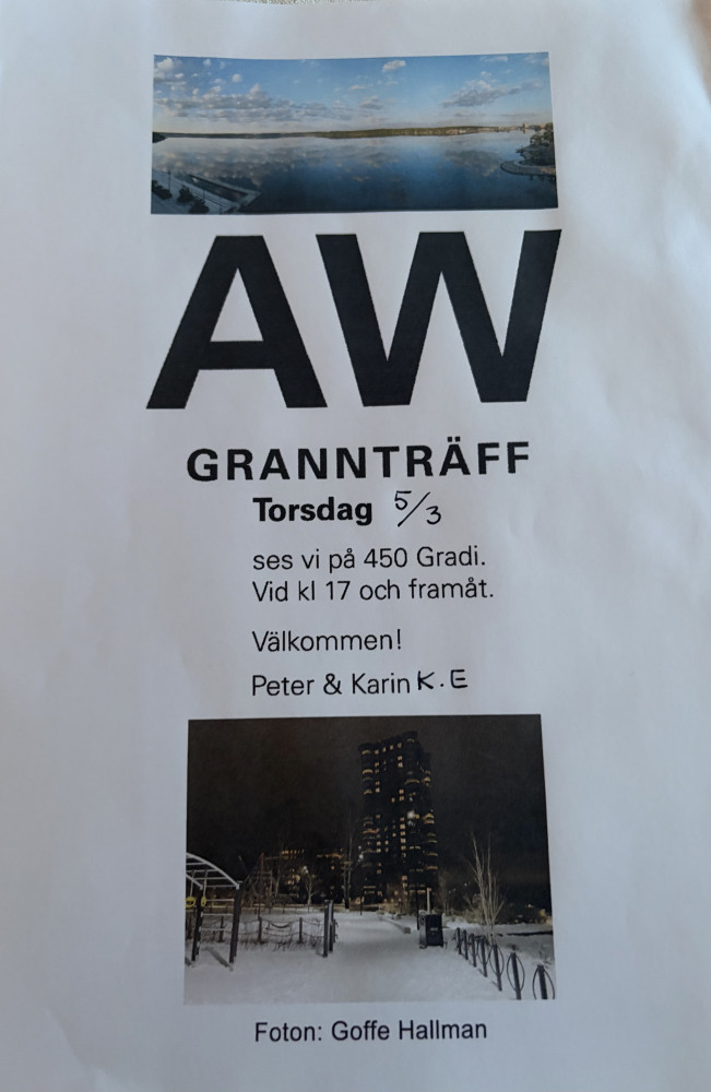 Inbjudan till grannträff på 450 Gradi.